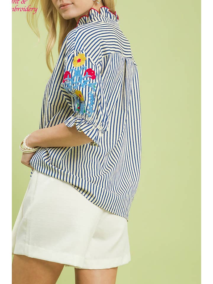Embroidered Ruffle Trim Stripe Blouse