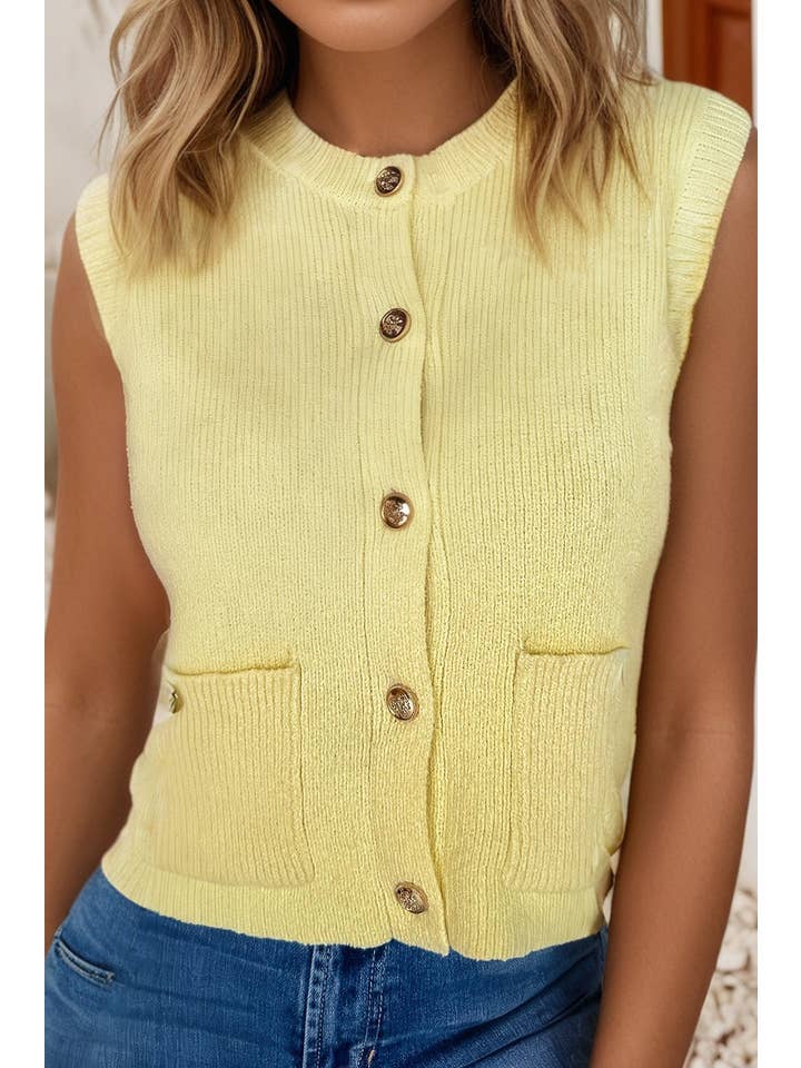 Ldc Solid Color Sleeveless Knit Button Pocketed Sweater