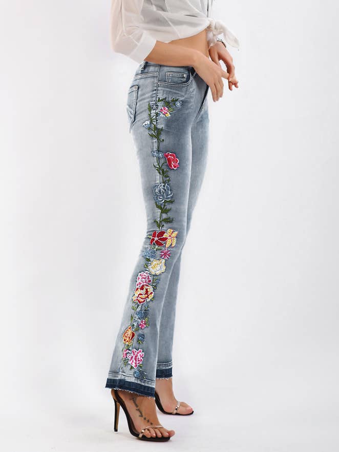 Floral Embellished Flare Light Blue Jeans