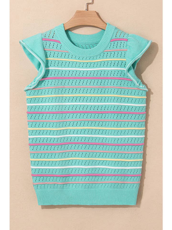 PRETTY BASH Stripe Eyelet Knit Ruffle Sleeve Sweater