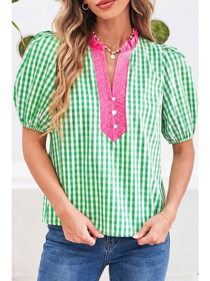 Ldc Gingham Plaid Bubble Sleeve Colorblock Trim Blouse