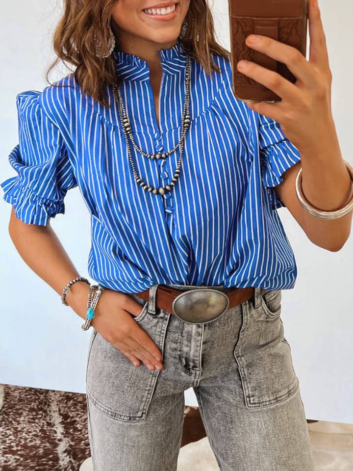 Blue Stripe Ruffled Short Puff Sleeve Button Front Blouse