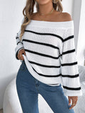 Women Striped Off-Shoulder Puff Sleeve Sweater