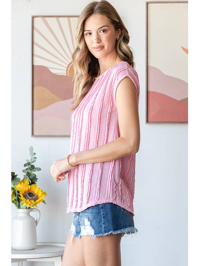 Lightweight Stripe Textured Cap Sleeves Blouse T5948