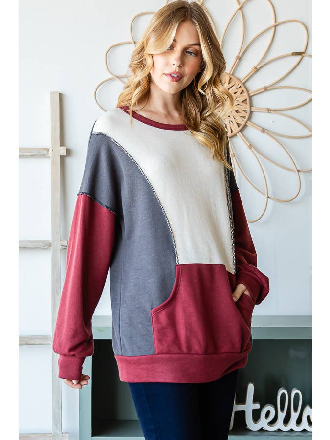 [Plus Size] Color Block Drop Shoulder Sweatshirt T5345XL