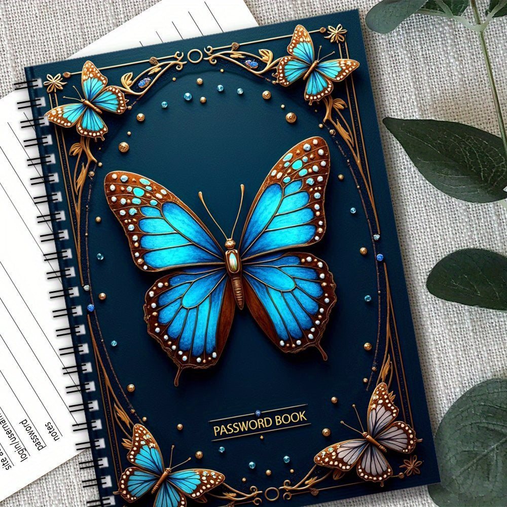 70-Sheet Spiral Password Notebook, Elegant Blue And Brown Butterfly Design - Golden Accents, Floral Patterns, And Beaded Border - Ideal for Home Or Office Password Management