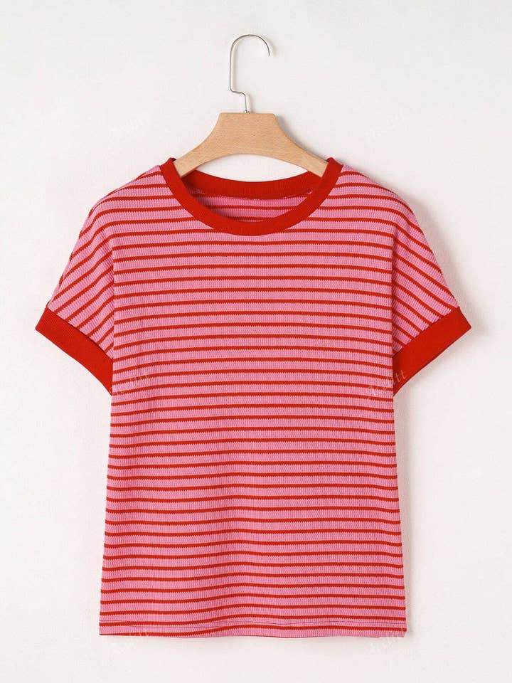 Stripe Contrast Crew Neck Knit T-Shirt