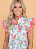 PRETTY BASH Floral Colorblock Flutter Sleeve Blouse