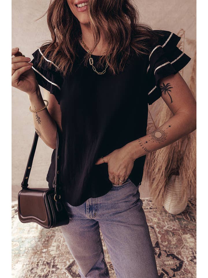 Contrast Trim Dual Ruffle Short Sleeve Textured Blouse