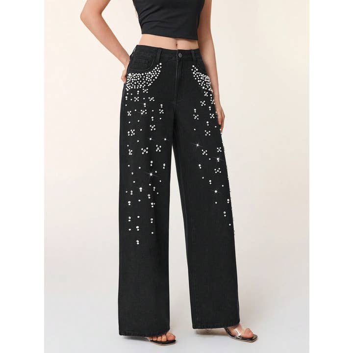 Rhinestone Shiny Pearl Straight Jeans