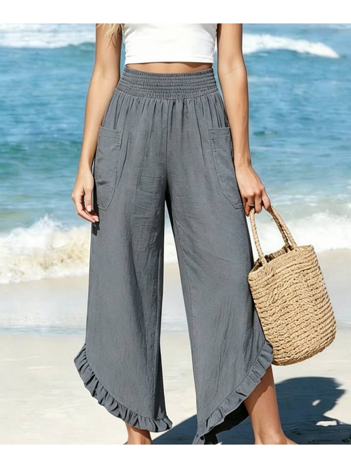 Beach Smocked Waist Ruffle Hem Wide Leg Pants