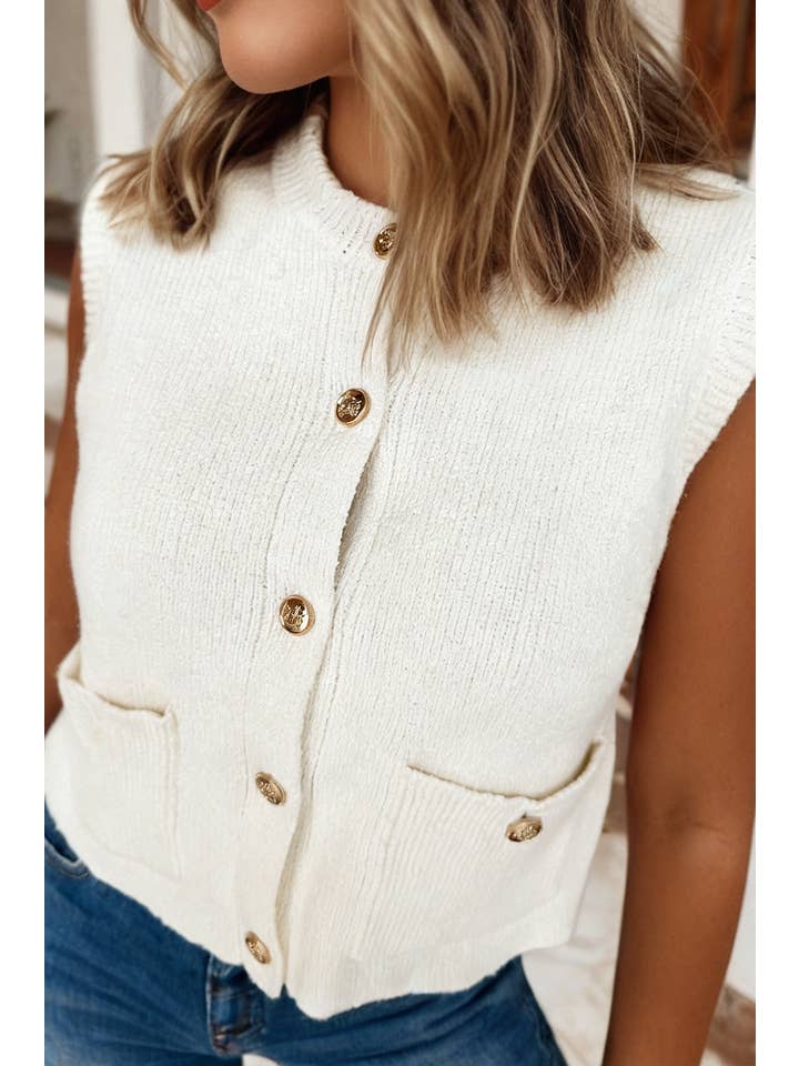 Ldc Solid Color Sleeveless Knit Button Pocketed Sweater
