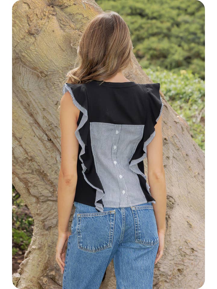 Mixed Media Ruffled Ribbed Knit Top