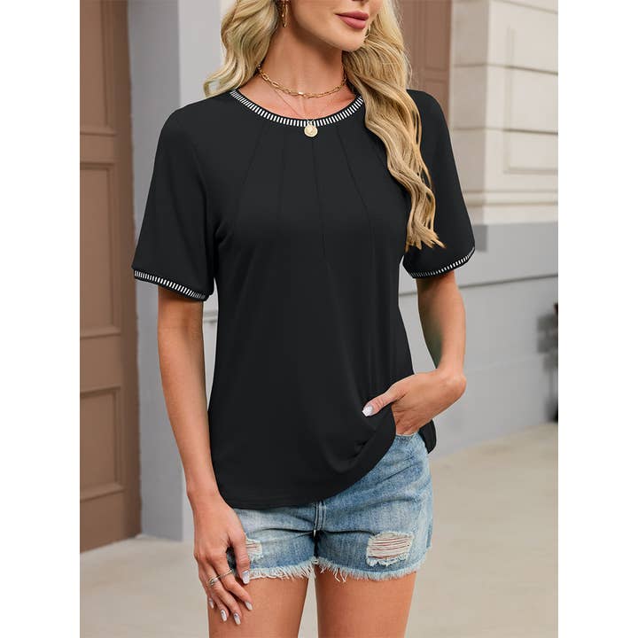 Color-Block Trim Striped Crew Neck T-Shirt Top WZD101