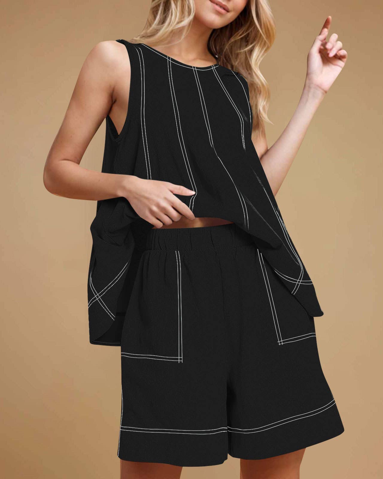 Casual Summer Contrast Stitch Tank Top and Shorts Set