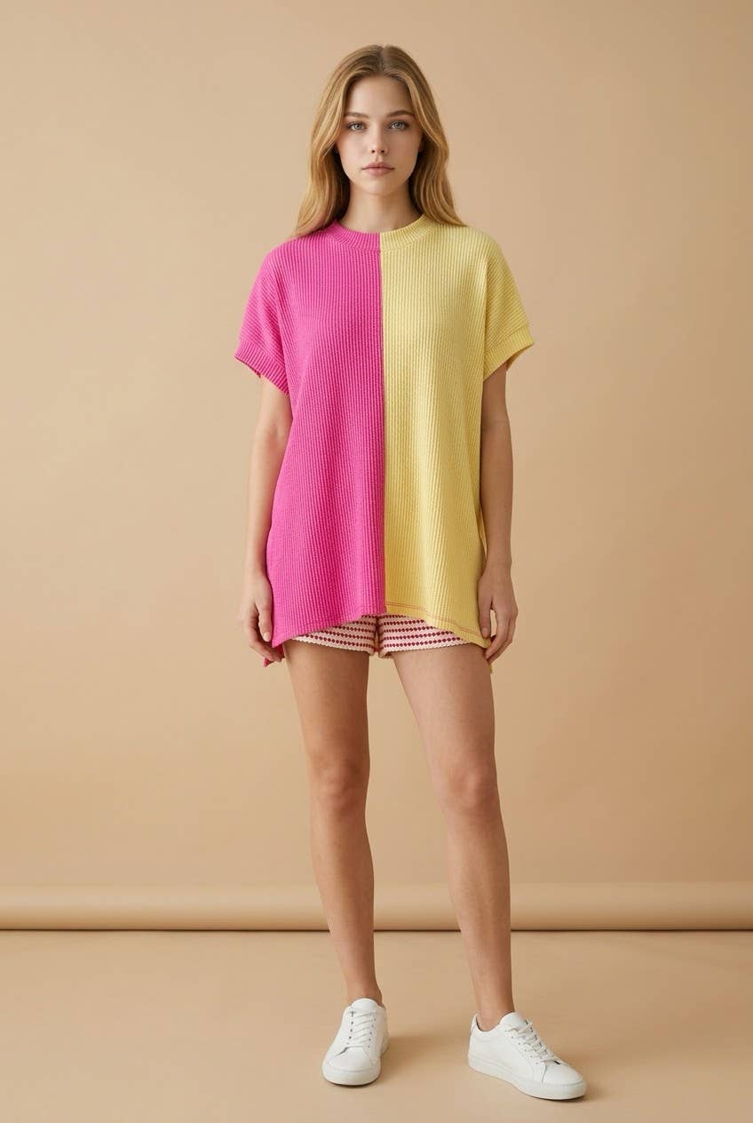 Wave Rib Bi-Colored Tunic Top