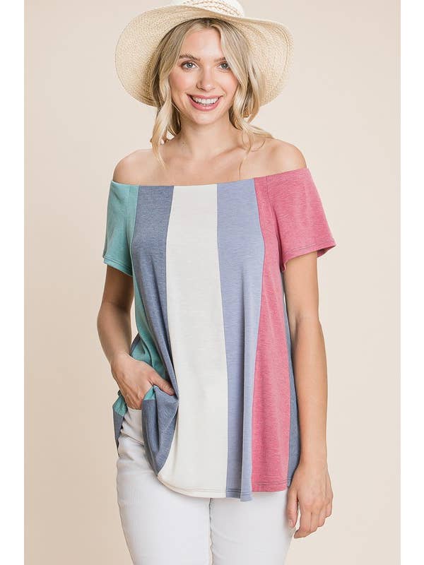 ETK-8507 Color Block Off Shoulder Top