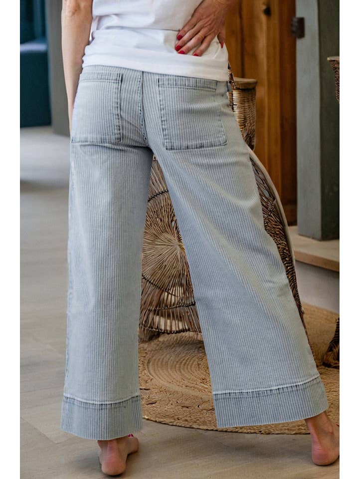 Stripe Denim Button Flap Pocket Cuffed Hem Jeans