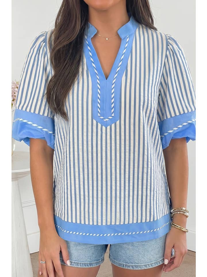 Color Block Detail V Neck Short Sleeve Blouse