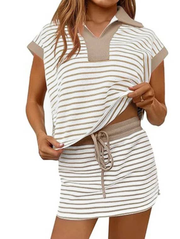Striped Collared Short Sleeve Top & Skort Casual Set
