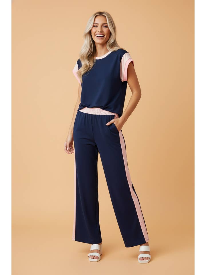 PRETTY BASH Colorblock Top & Wide Leg Pants Set