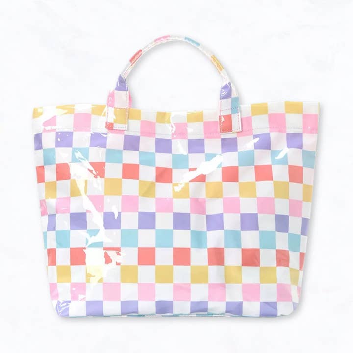 Waterproof Glossy Checkered Tote Bags (4pc Min.)