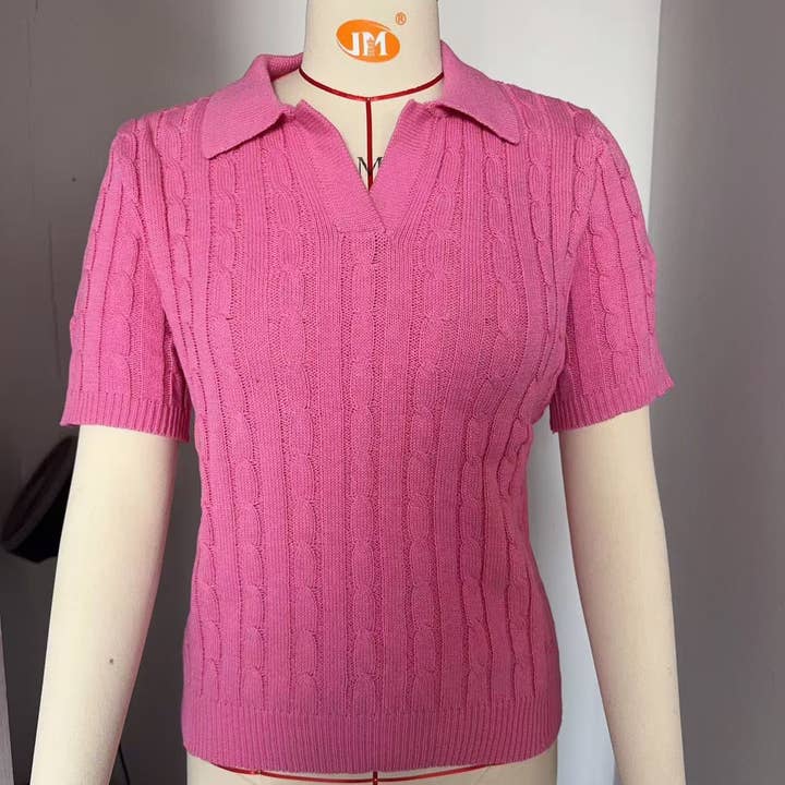 2026 Spring Women Cable Short Sleeve V Neck Knit Sweater