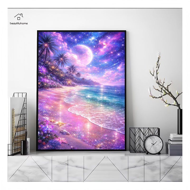 1pc, 5D Dreamy Starry Sky Beach Diamond Painting, Moonlight Coconut Tree Seascape DIY Handmade Rhinestone Decorative Painting, Frameless Diamond Painting