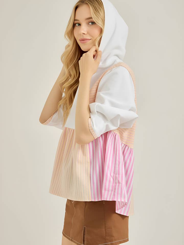 TR2181-01T French Terry Knit and Stripe Mixed Hoodie Top