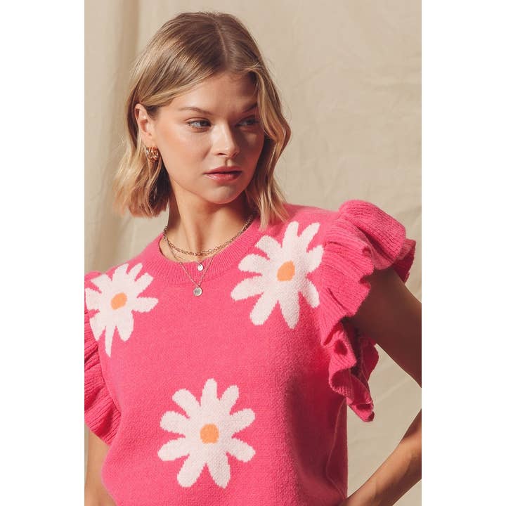 Daisy Flower Sweater Top with Flutter Sleeves