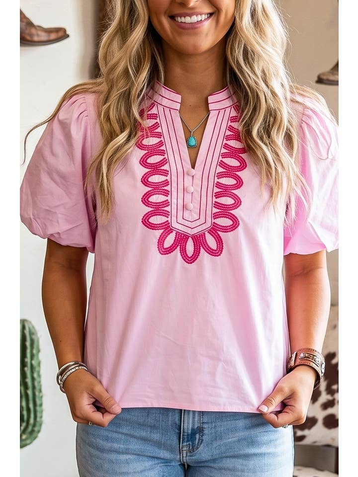 Western Casual V Neck Embroidery Short Sleeve Blouse