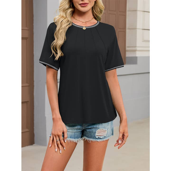 Color-Block Trim Striped Crew Neck T-Shirt Top WZD101