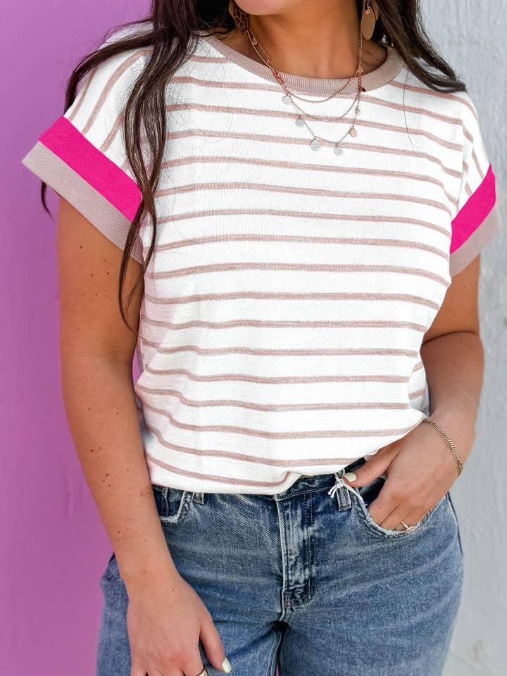 Khaki Stripe Color Block Trim Round Neck Short Sleeve Top