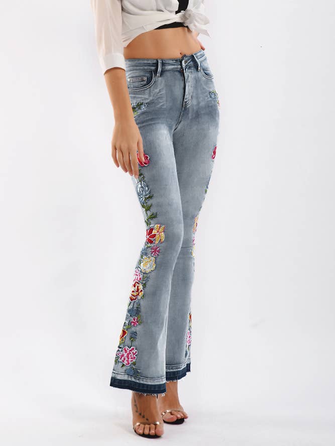 Floral Embellished Flare Light Blue Jeans