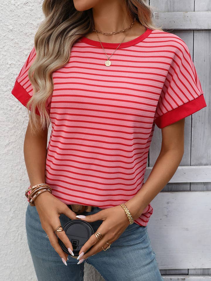 Stripe Contrast Crew Neck Knit T-Shirt