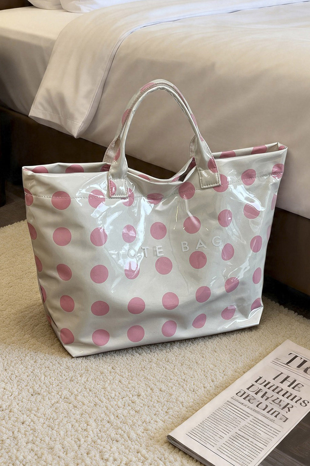 Light Pink Polka Dot Durable Waterproof PVC Tote Bag