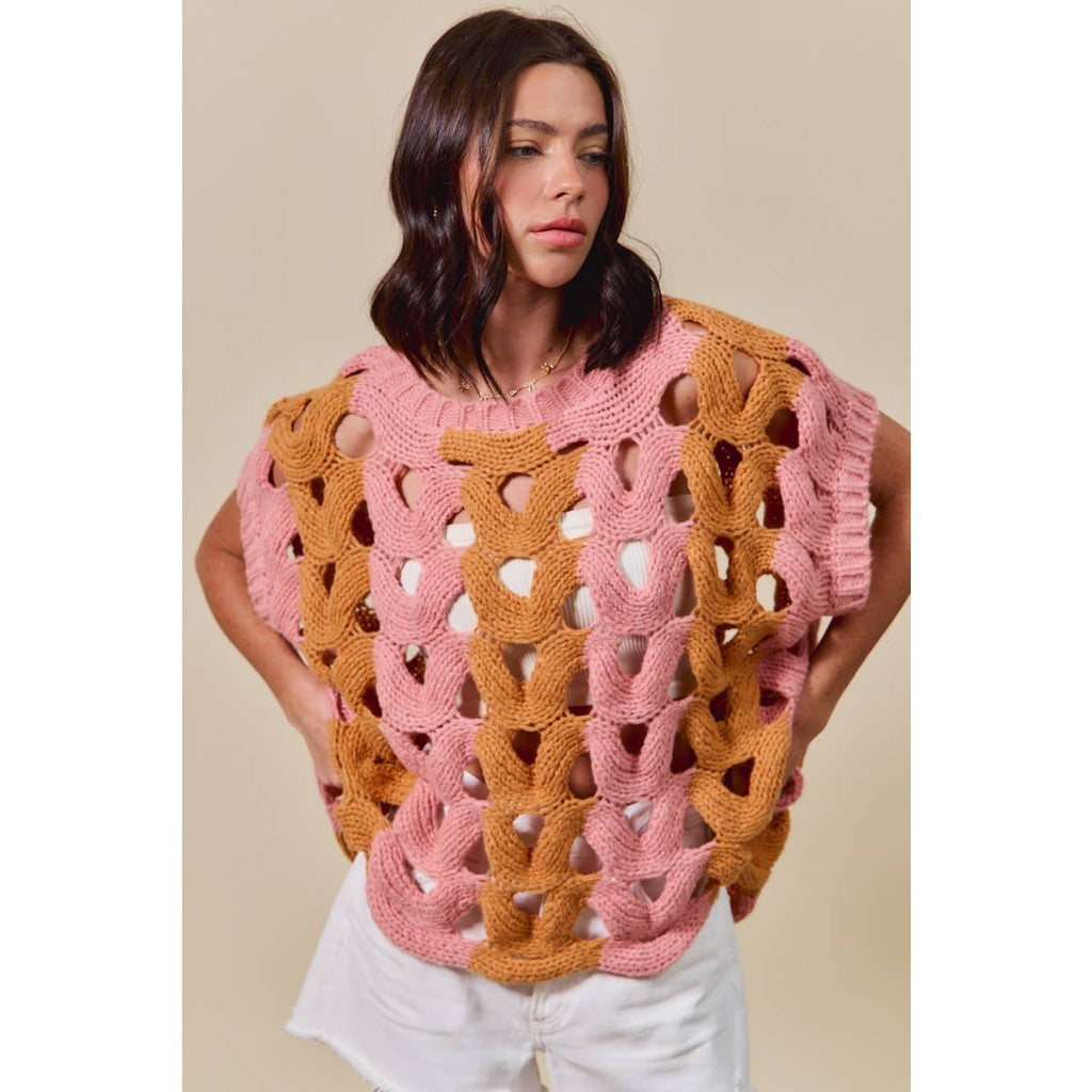 Color Block Open Knit Sweater Vest Top