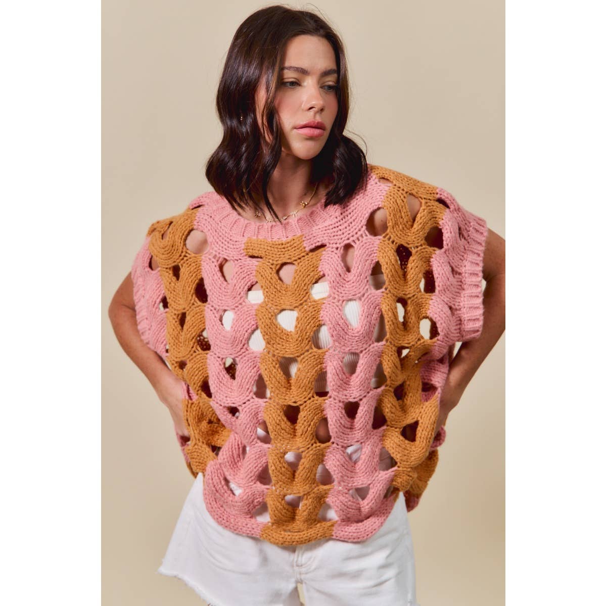 Color Block Open Knit Sweater Vest Top
