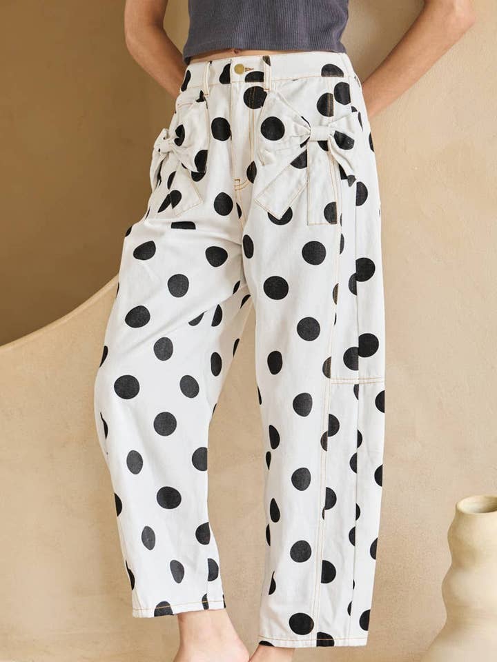 Polka Dot Print Bow Detail Pocketed Jeans
