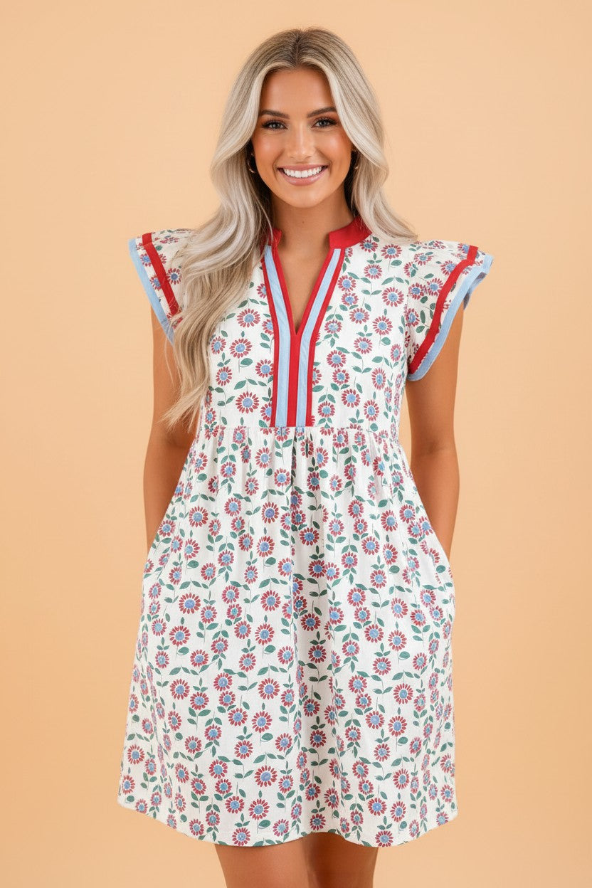 Floral Contrast Trim V-Neck Flutter Sleeve Dress