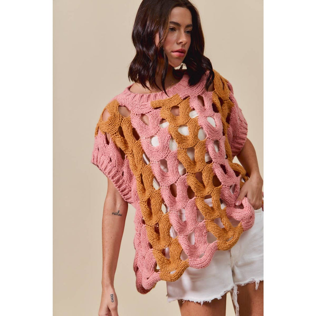 Color Block Open Knit Sweater Vest Top