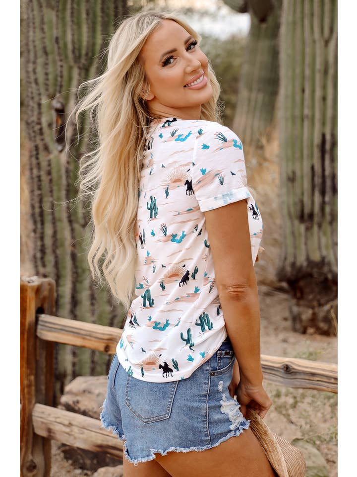 PRETTY BASH Western Cactus Crew Neck Short Sleeve Top
