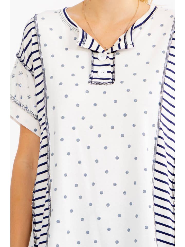Mixed Print Contrast Henley Top T6373