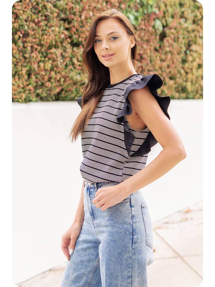 Mixed Media Stripe Top-Stitch Knit Top