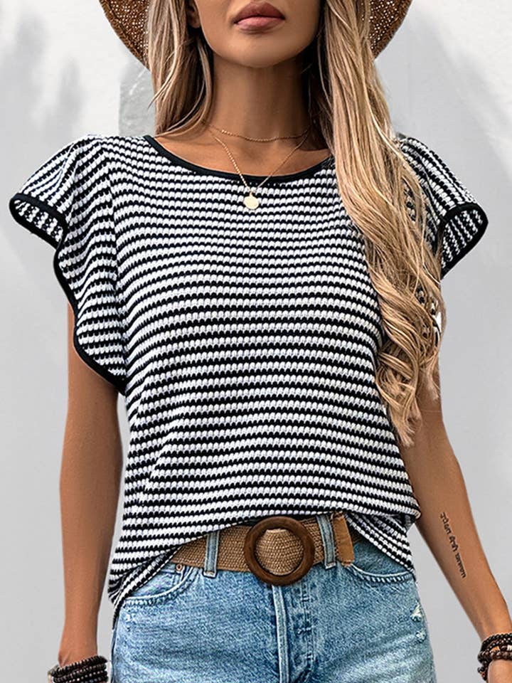 Stripe Flutter Sleeve Casual Tee