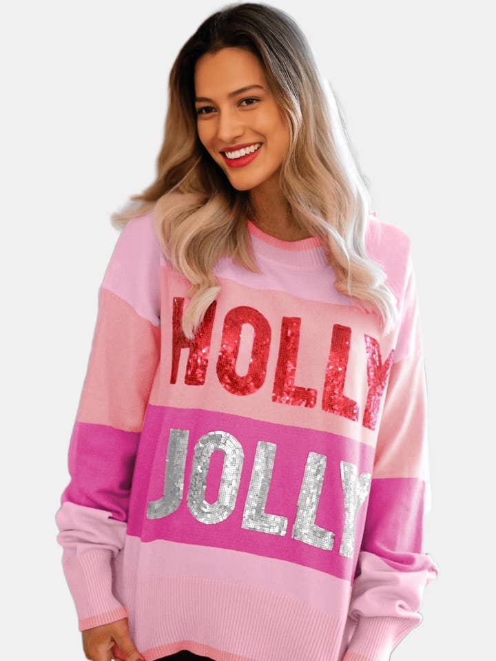 Sequined Holly Jolly Crew Neck Sweater