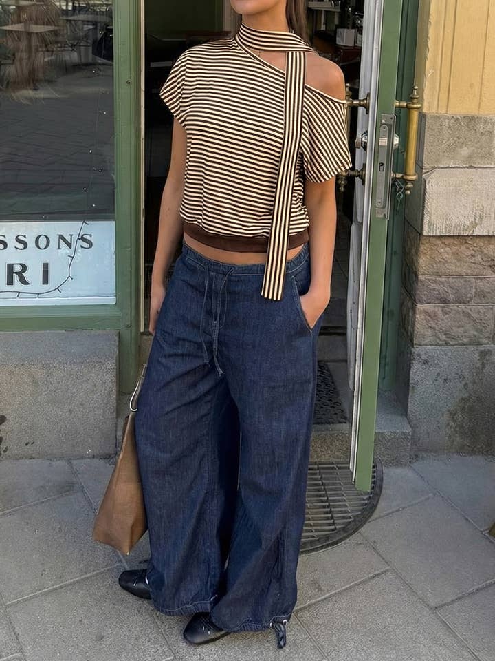 Striped One-Shoulder Knit Top with Scarf Neck