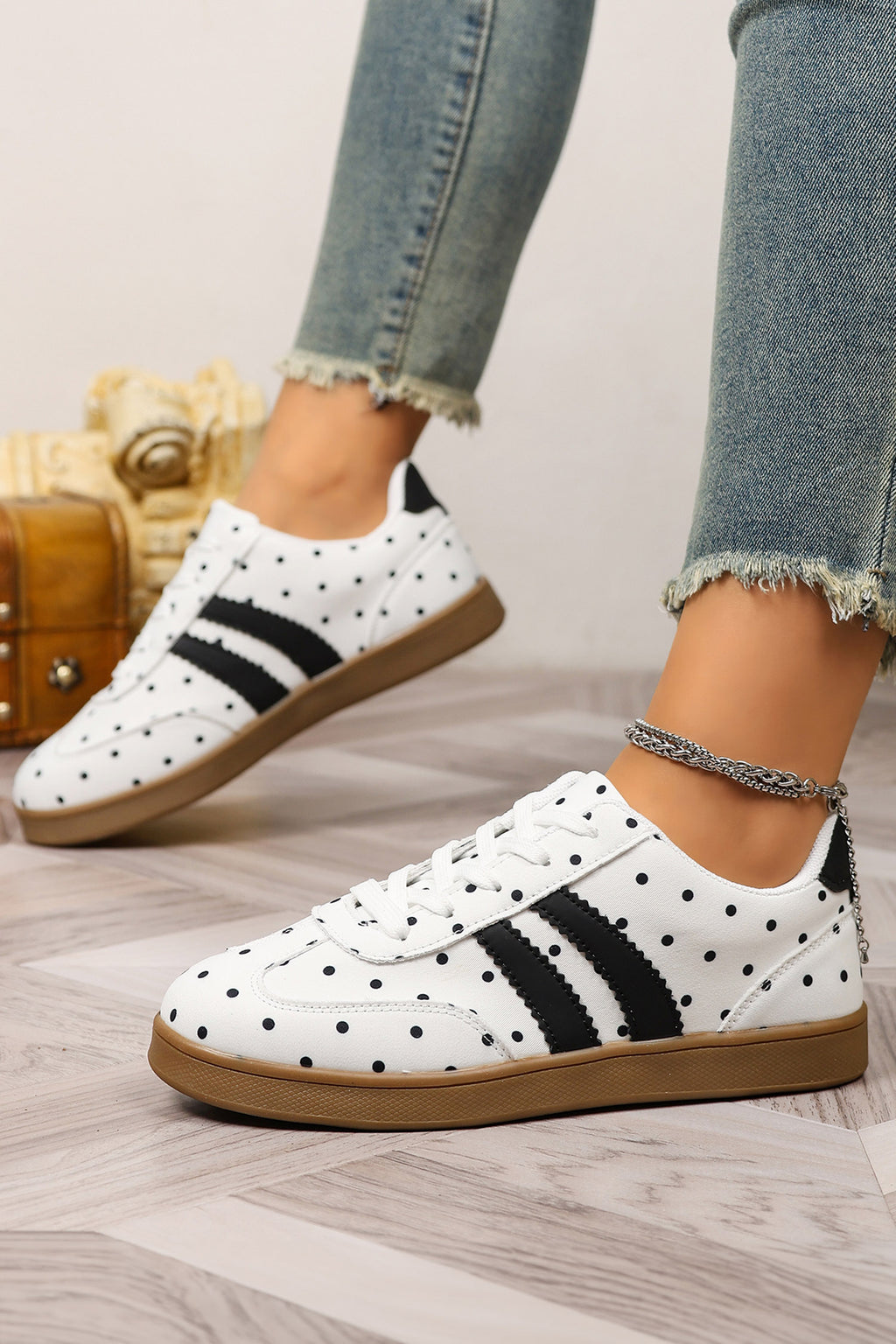 White Polka Dot Print PU Leather Color Block Detail Casual Sneakers