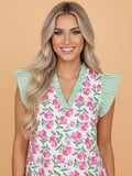 PRETTY BASH Floral Stripe Ruffle Trim Blouse