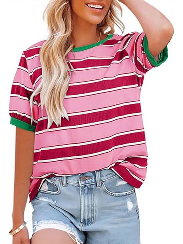 Short Sleeve Colorblock Crewneck Relaxed Stripe Top